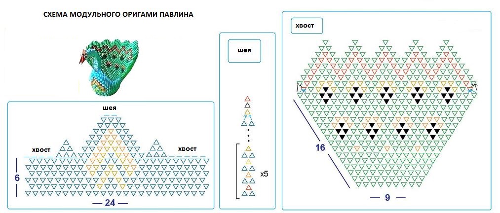 схема модульного оригами павлина