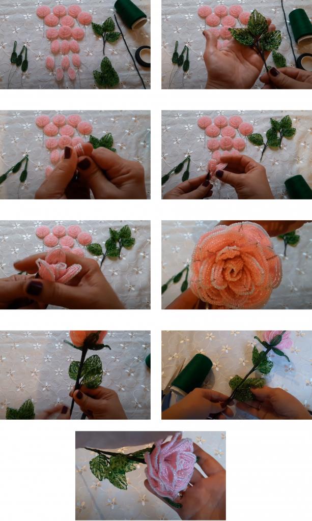 Сборка элементов розы из бисера